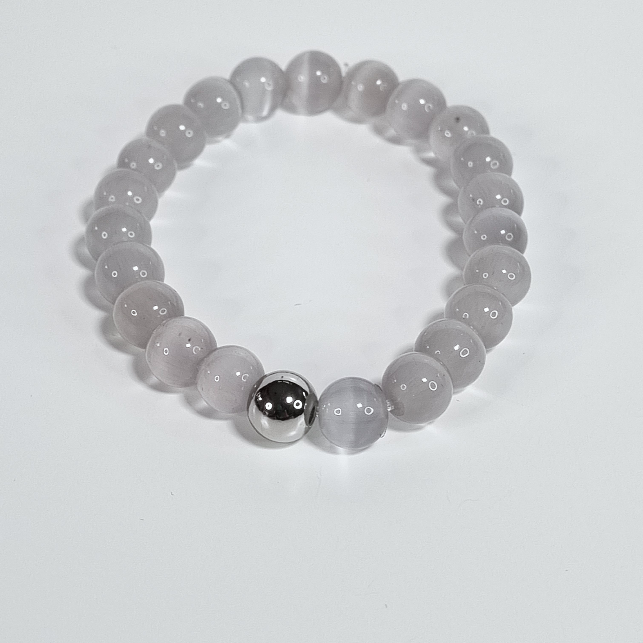 Urban Mist Grey Glass Bead Stretch Bracelet with Stainless Steel Spacer Ball