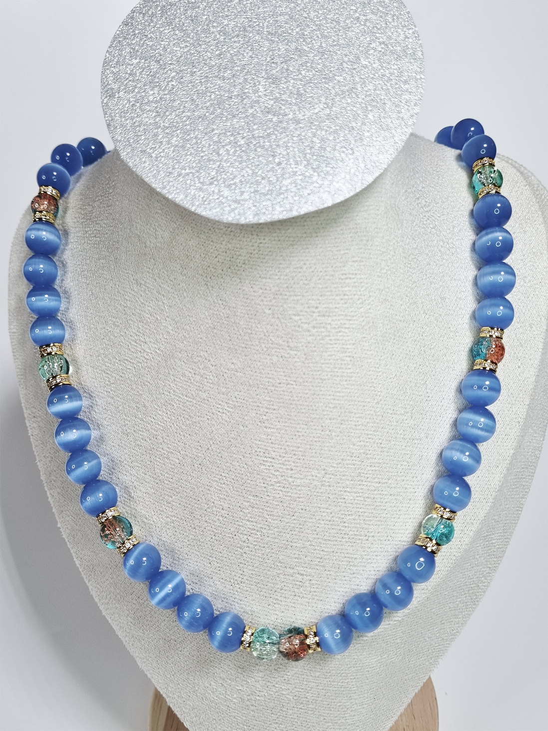 Blue Sky Glass Bead Necklace with Gold Plated Spacers and Color Accents