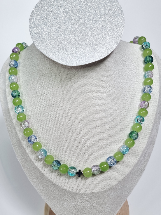 Olive Faith Glass Bead Necklace with silver Cross Charm