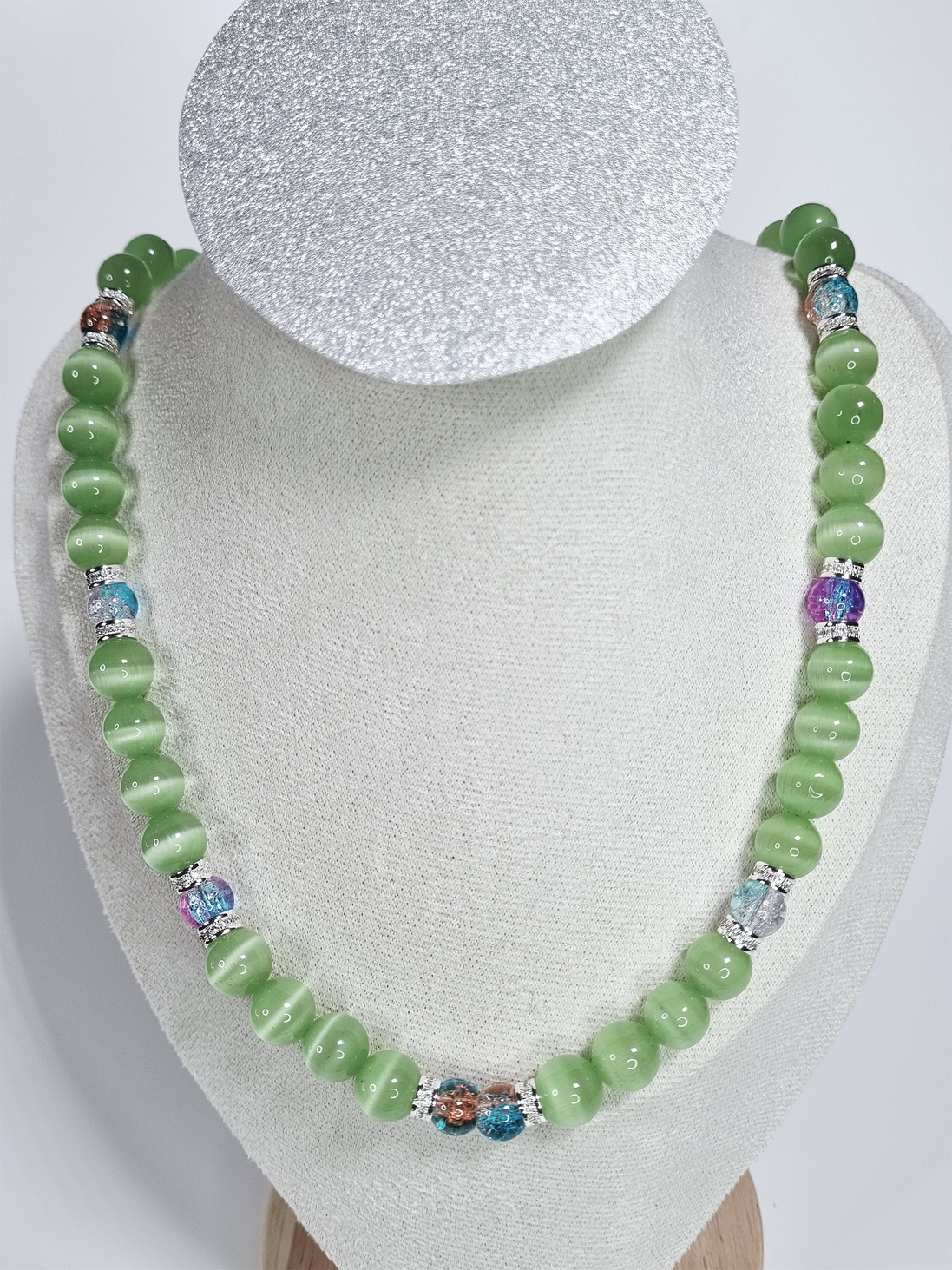Iguana Light Green Glass Bead Necklace with Multicolor Accents and Silver Plated Spacers