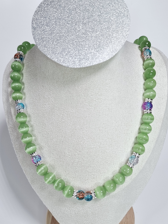 Iguana Light Green Glass Bead Necklace with Multicolor Accents and Silver Plated Spacers
