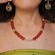 Gold Spiral Earrings & Red Beaded Necklace Set – Glass Bead Jewelry with Gold Accents, Elegant Matching Set