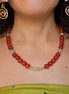 Gold Spiral Earrings & Red Beaded Necklace Set – Glass Bead Jewelry with Gold Accents, Elegant Matching Set