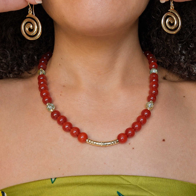 Gold Spiral Earrings & Red Beaded Necklace Set – Glass Bead Jewelry with Gold Accents, Elegant Matching Set
