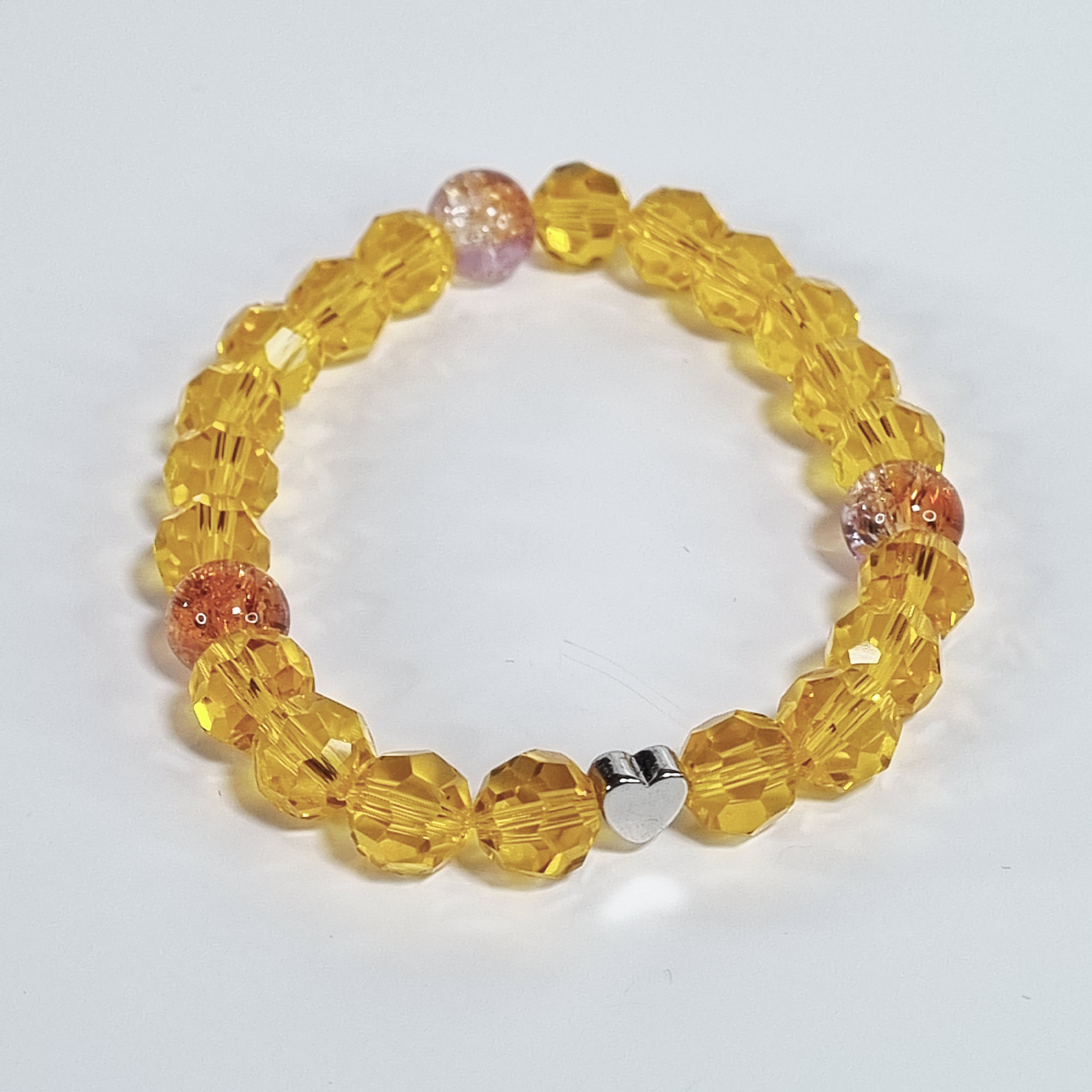 Orange Glass Stretch Bracelet with Stainless Steel Heart