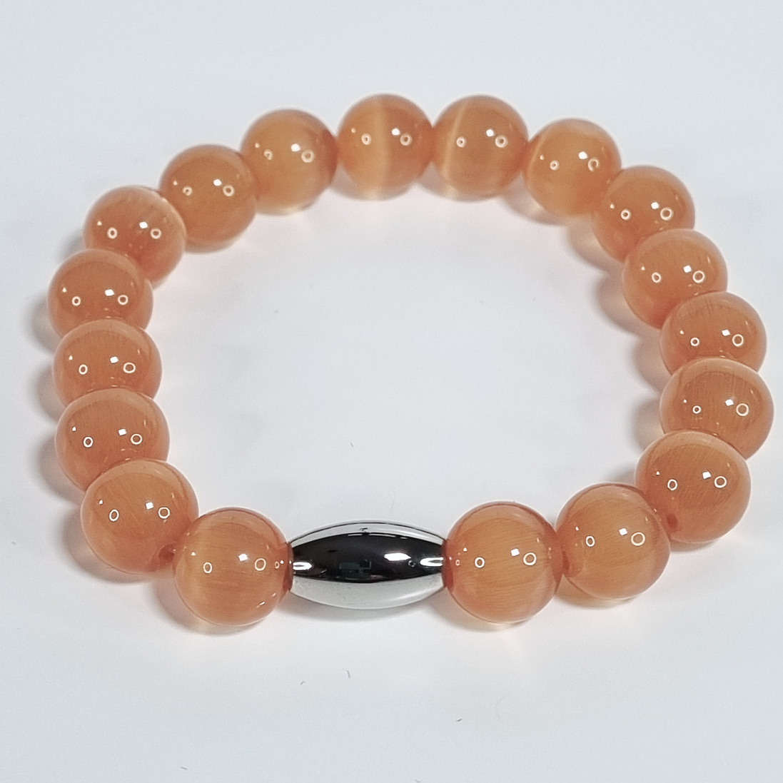 Sunstone Glow Orange Glass Bead Stretch Bracelet with Stainless Steel Oval Spacer