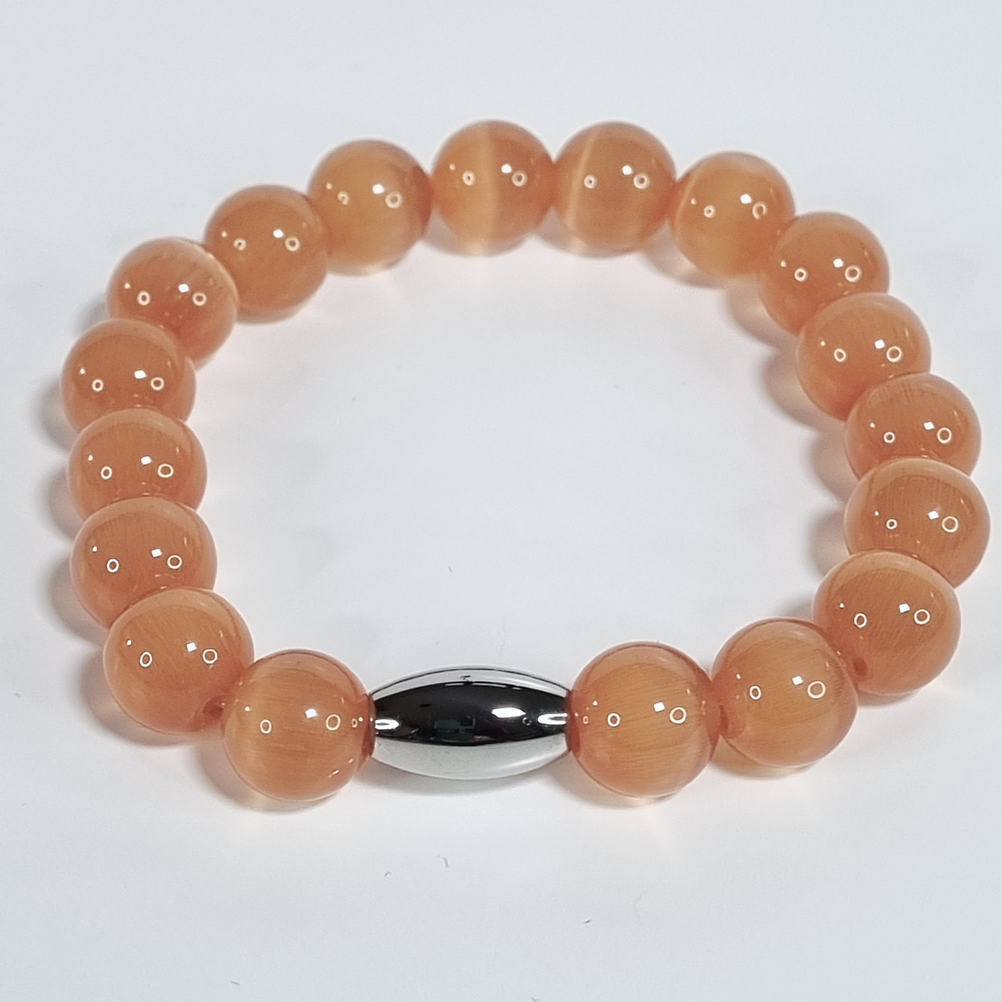 Sunstone Glow Orange Glass Bead Stretch Bracelet with Stainless Steel Oval Spacer
