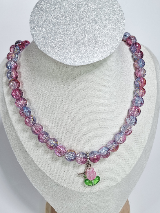 Floral Grace Pink and Purple Glass Bead Necklace with Flower Charm