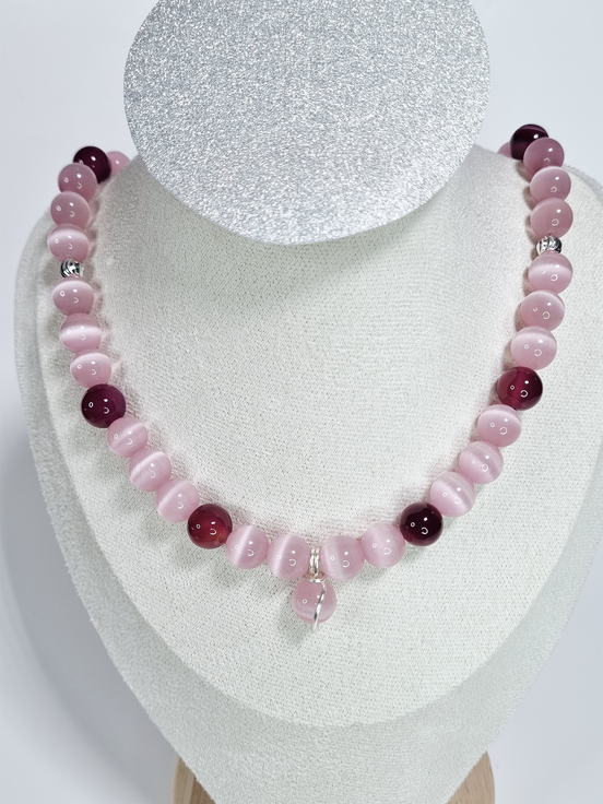 Blush Harmony Pink Cat Eye and Jade stone Necklace with Silver Plated Spacers