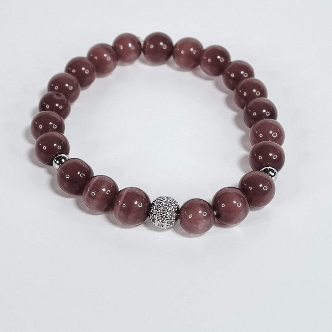 Royal Plum Dark Purple Glass Bead Stretch Bracelet with Silver-Plated Spacers