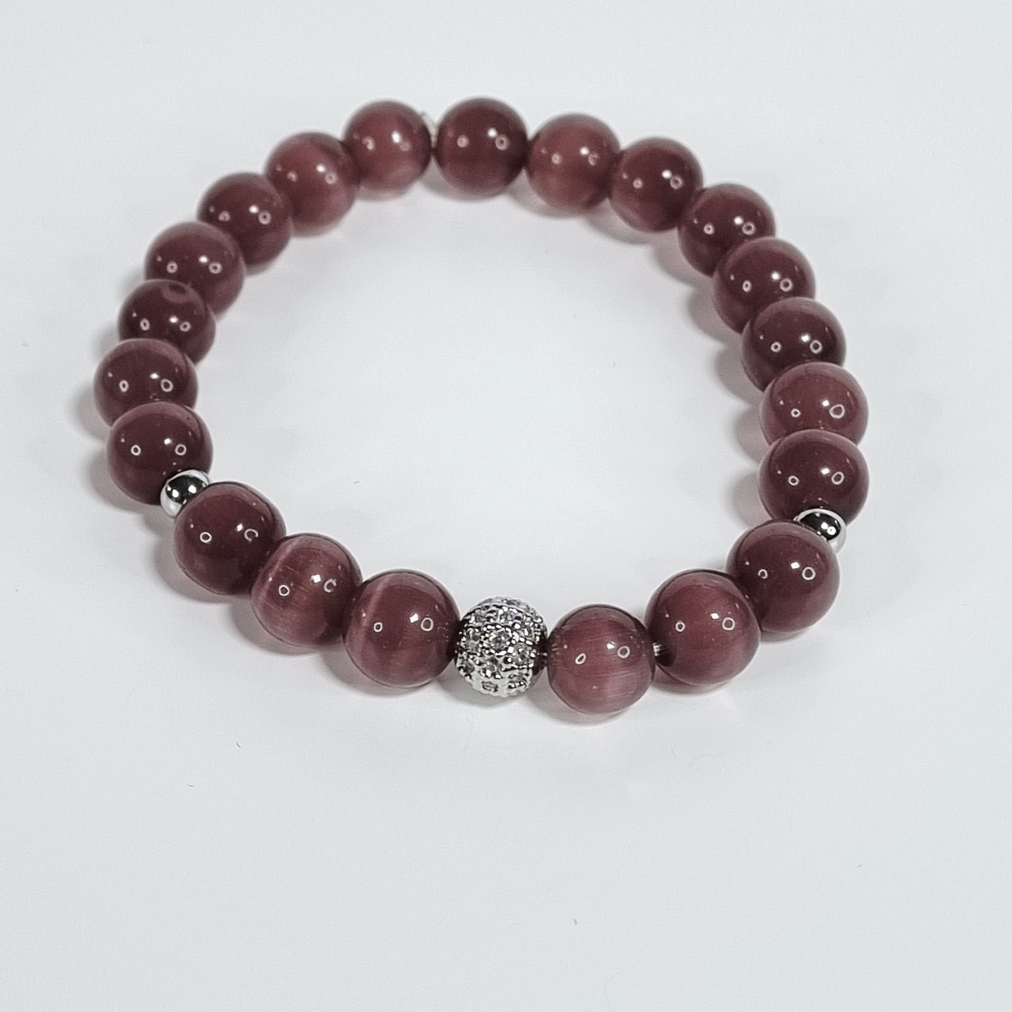 Royal Plum Dark Purple Glass Bead Stretch Bracelet with Silver-Plated Spacers