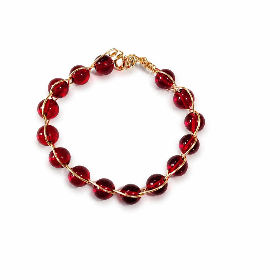 Gold Wire Red Beaded Bracelet – 8mm Glass Bead Bracelet, Handmade Stackable Jewelry