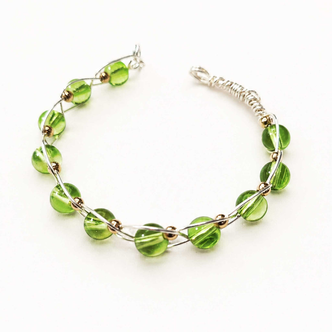 Silver Wire Beaded Bracelet – Green Glass Bead Bracelet, Handmade Delicate Jewelry
