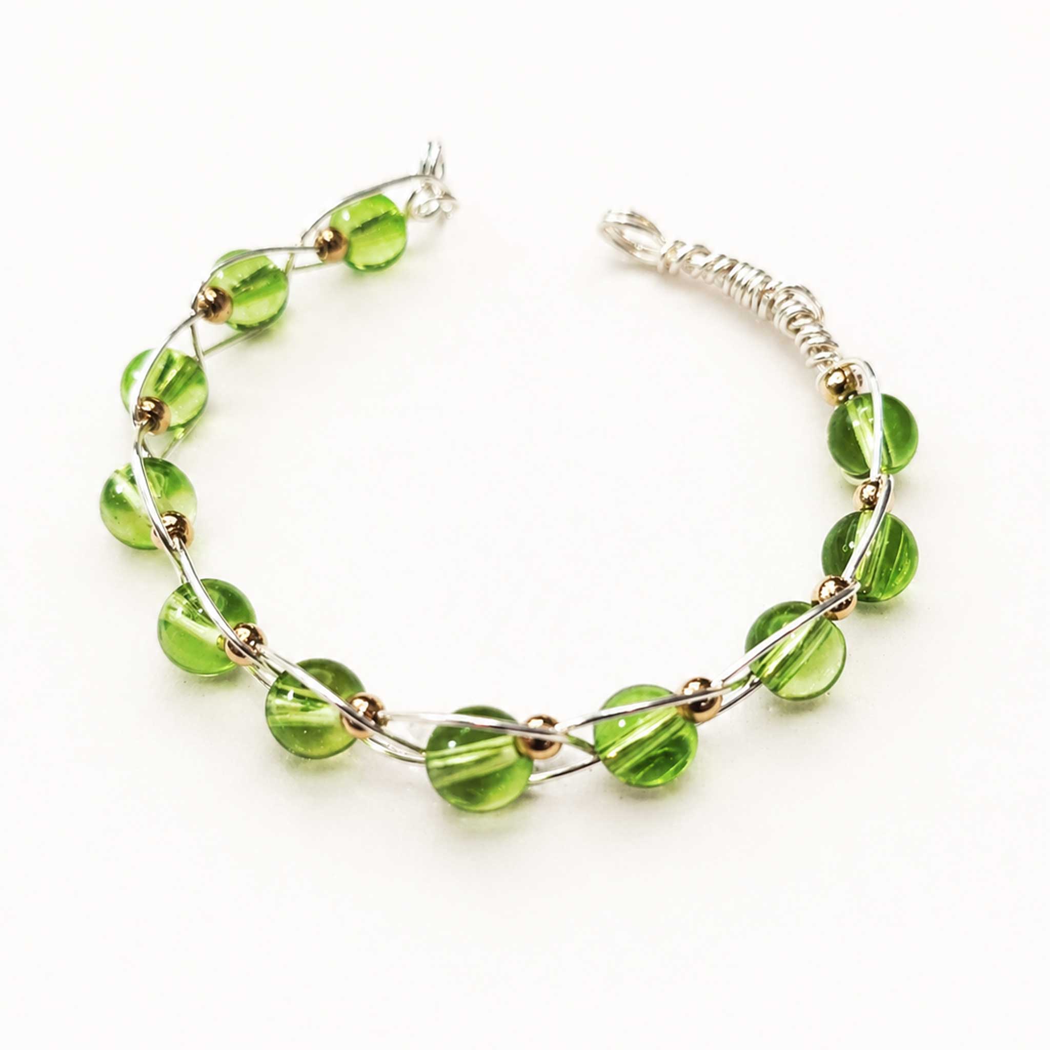 Silver Wire Beaded Bracelet – Green Glass Bead Bracelet, Handmade Delicate Jewelry