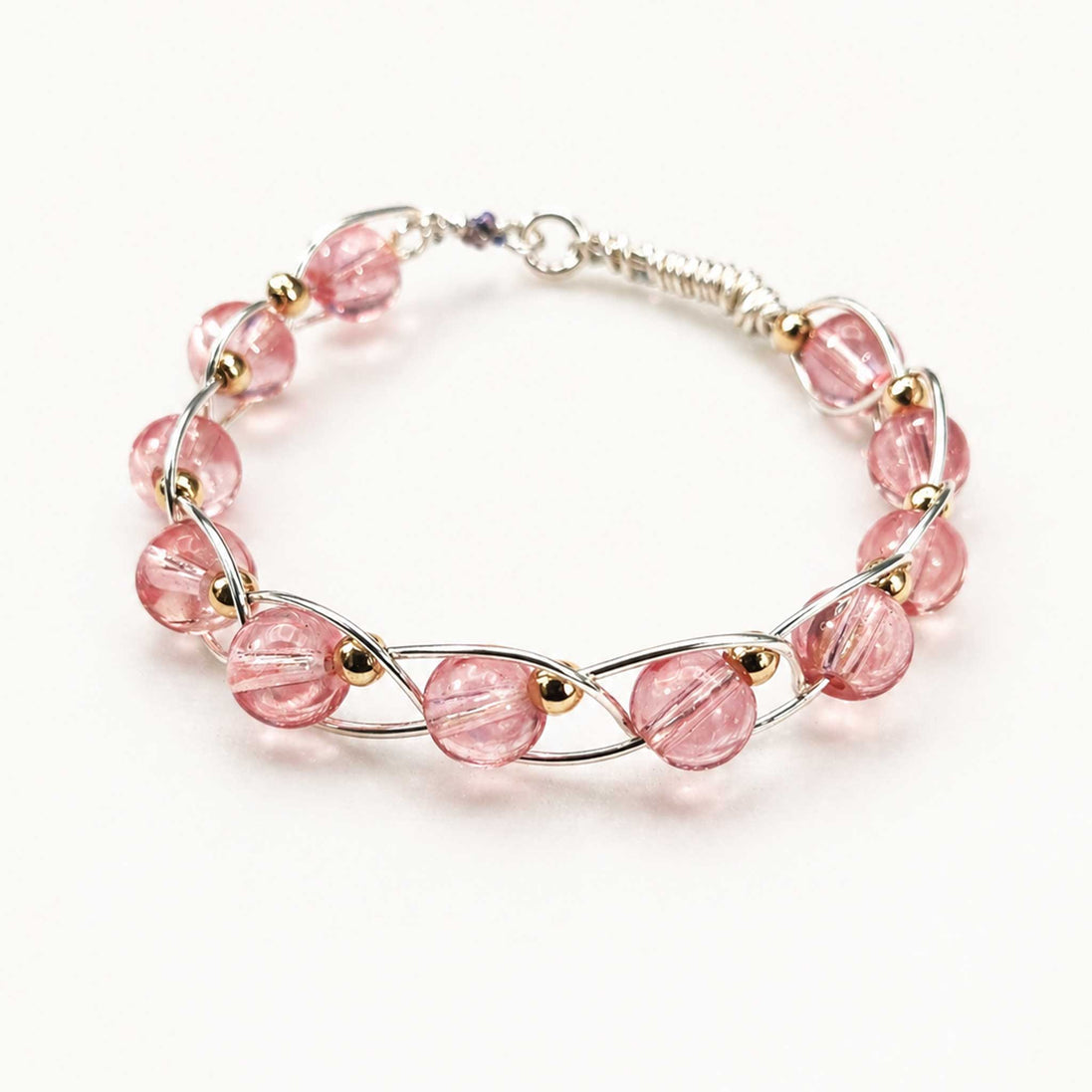 Silver Wire Beaded Bracelet – Light Pink Glass Bead Bracelet with Gold Accents, Delicate Handmade Jewelry