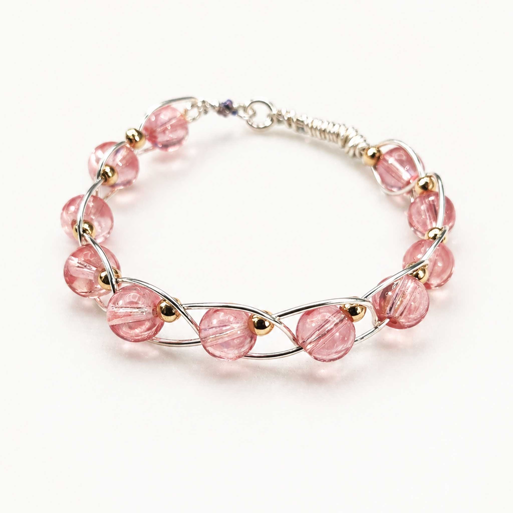 Silver Wire Beaded Bracelet – Light Pink Glass Bead Bracelet with Gold Accents, Delicate Handmade Jewelry