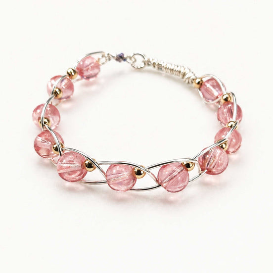 Silver Wire Beaded Bracelet – Light Pink Glass Bead Bracelet with Gold Accents, Delicate Handmade Jewelry