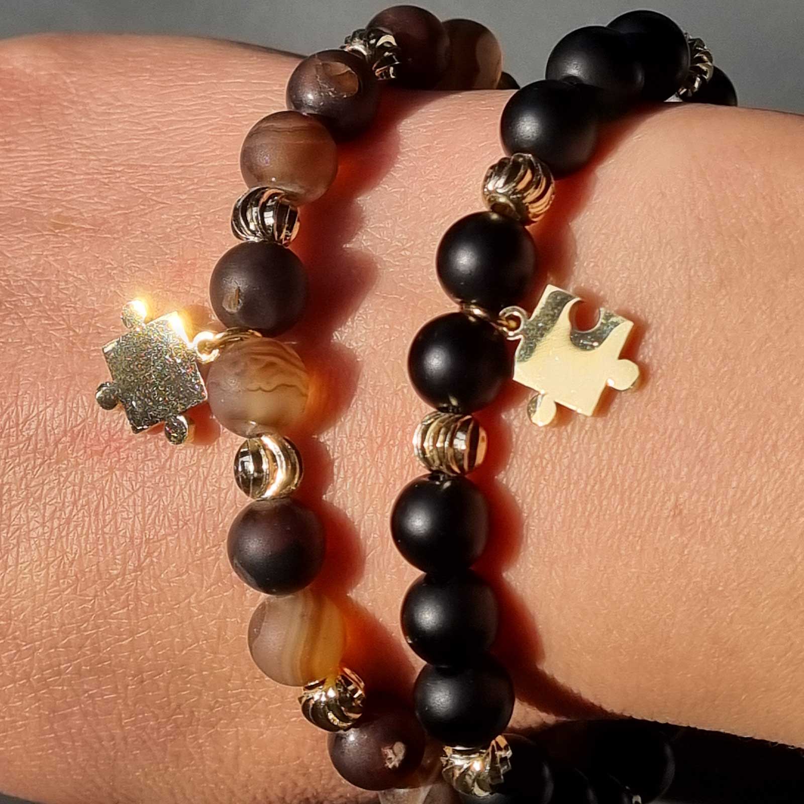 Stone Collection Matte Coffee & Black Bracelet Stack – 2-Piece Puzzle Charm Set
