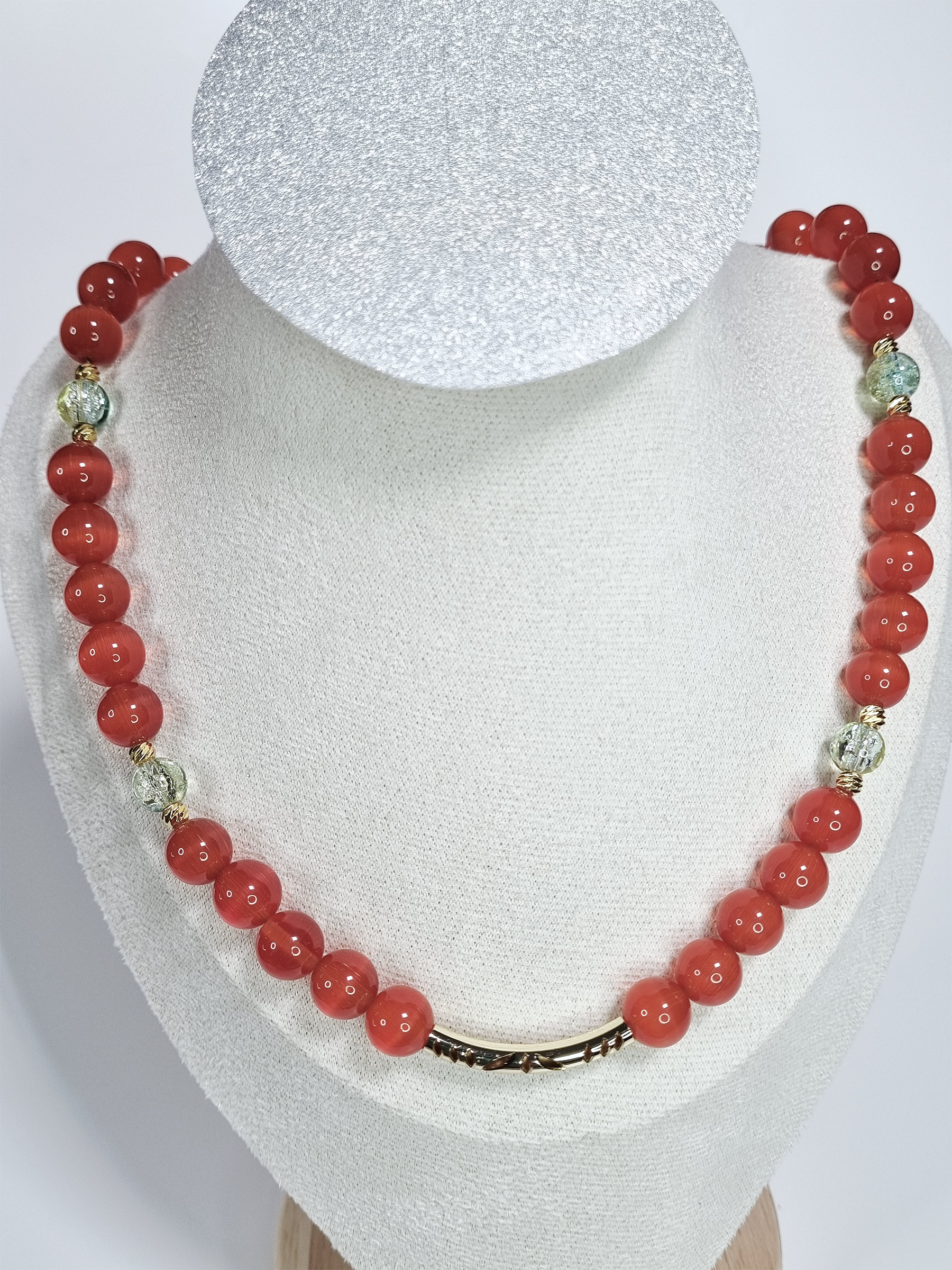 Tera Kòrá Red-Brown Glass Bead Necklace with Gold Spacers and White Gold Tone Accents