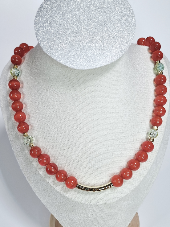 Tera Kòrá Red-Brown Glass Bead Necklace with Gold Spacers and White Gold Tone Accents