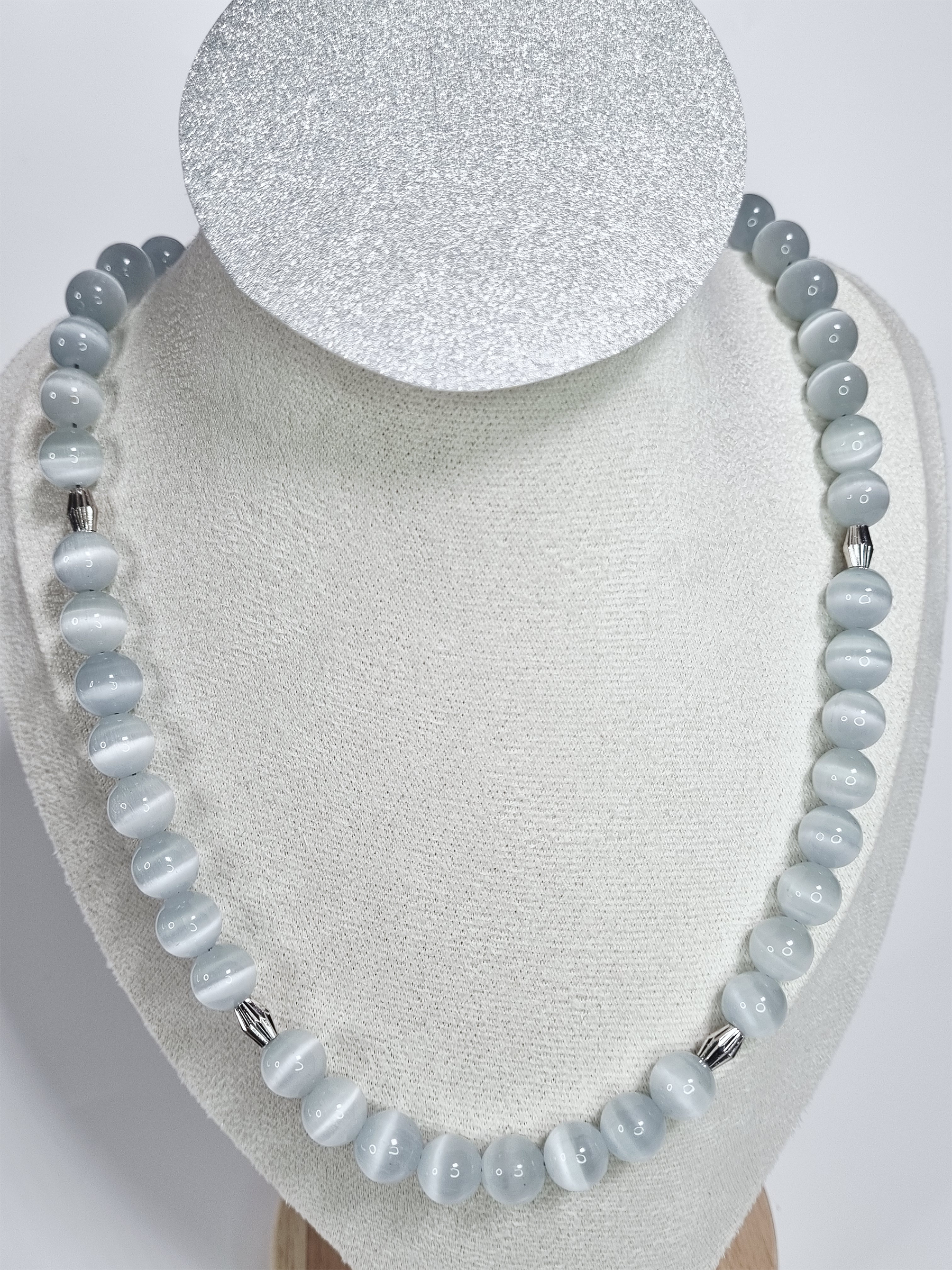 Pearly Sand White Glass Bead Necklace with Silver Tone Cylindrical Spacers