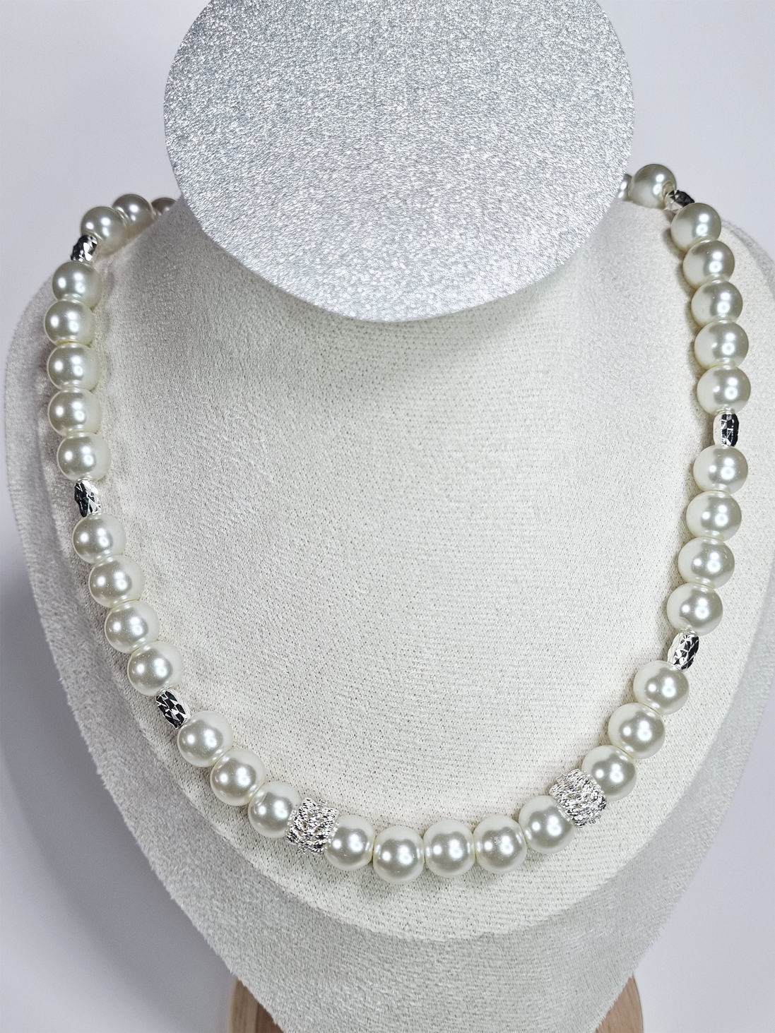 Pearl Elegance White Glass Pearl Necklace with Silver Plated Oval and Round Spacers