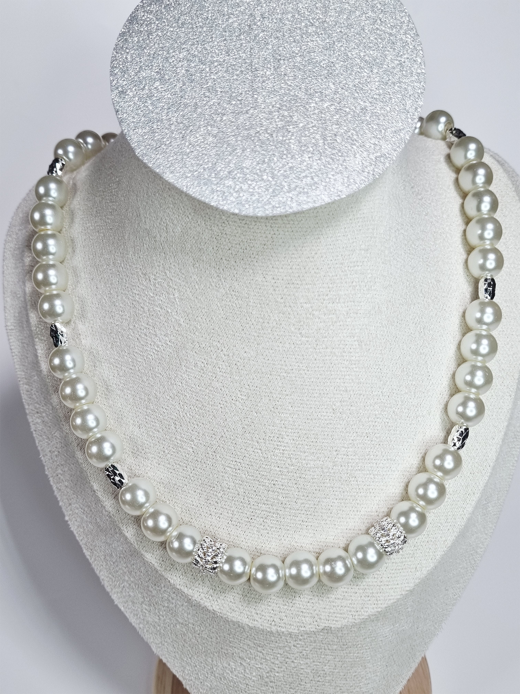 Pearl Elegance White Glass Pearl Necklace with Silver Plated Oval and Round Spacers
